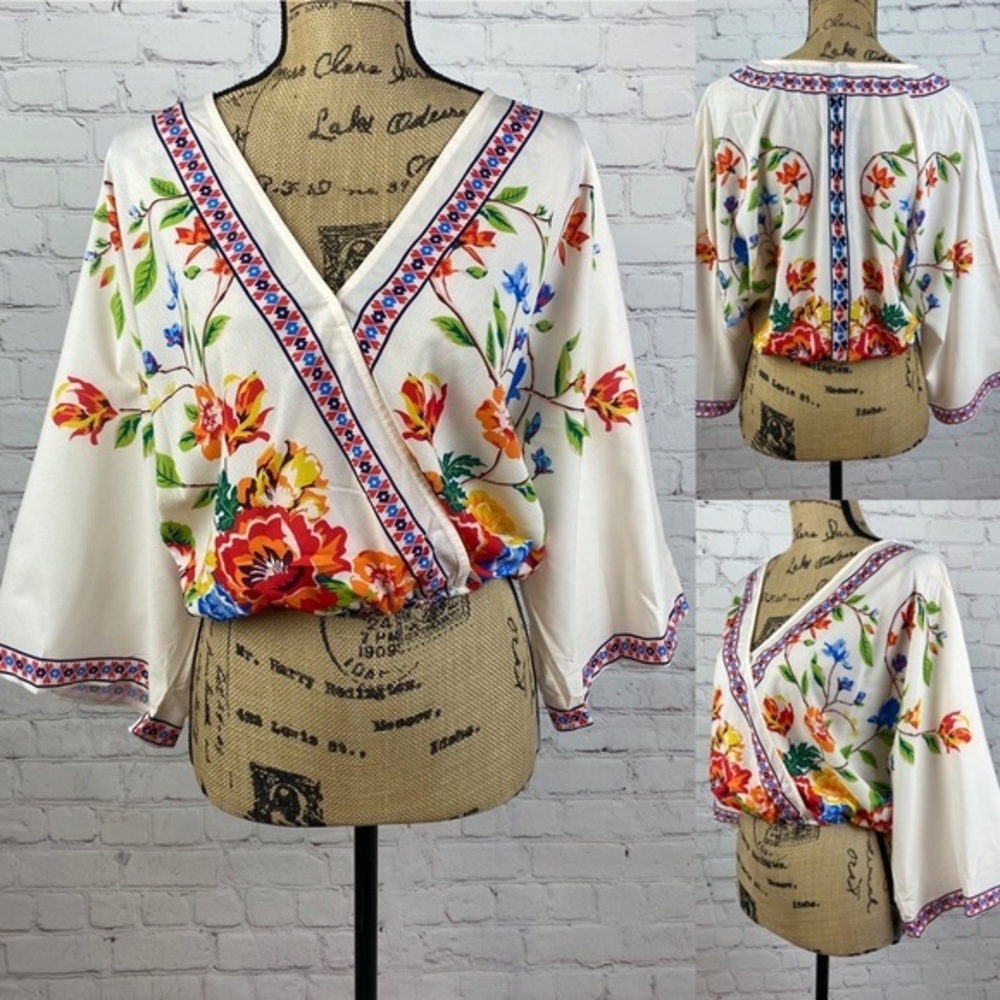 SHEIN Floral Cross Front Kimono Sleeve Top